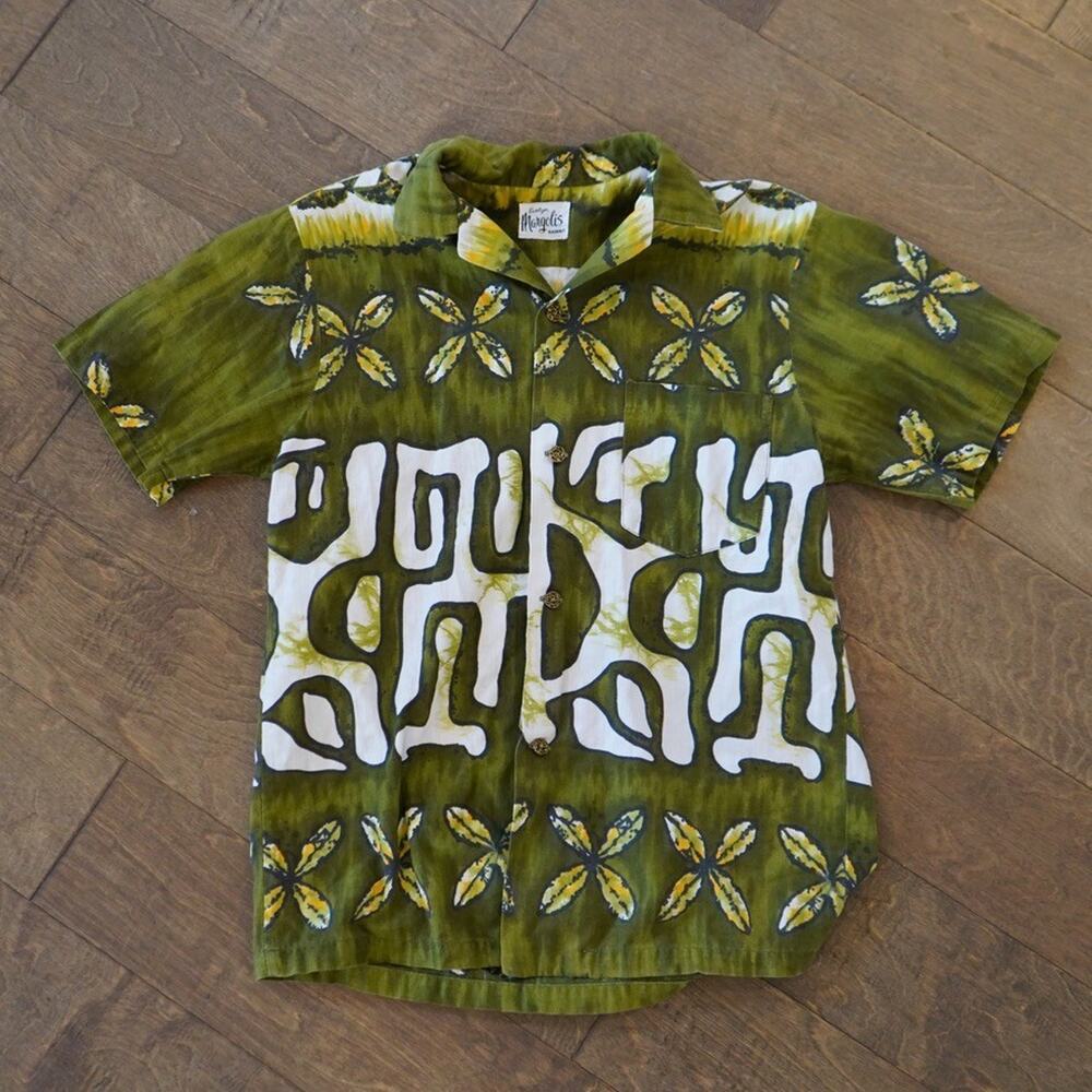 Vtg Evelyn Margolis Hawaiian Shirt Mens Green White Floral Collared Button Down‎